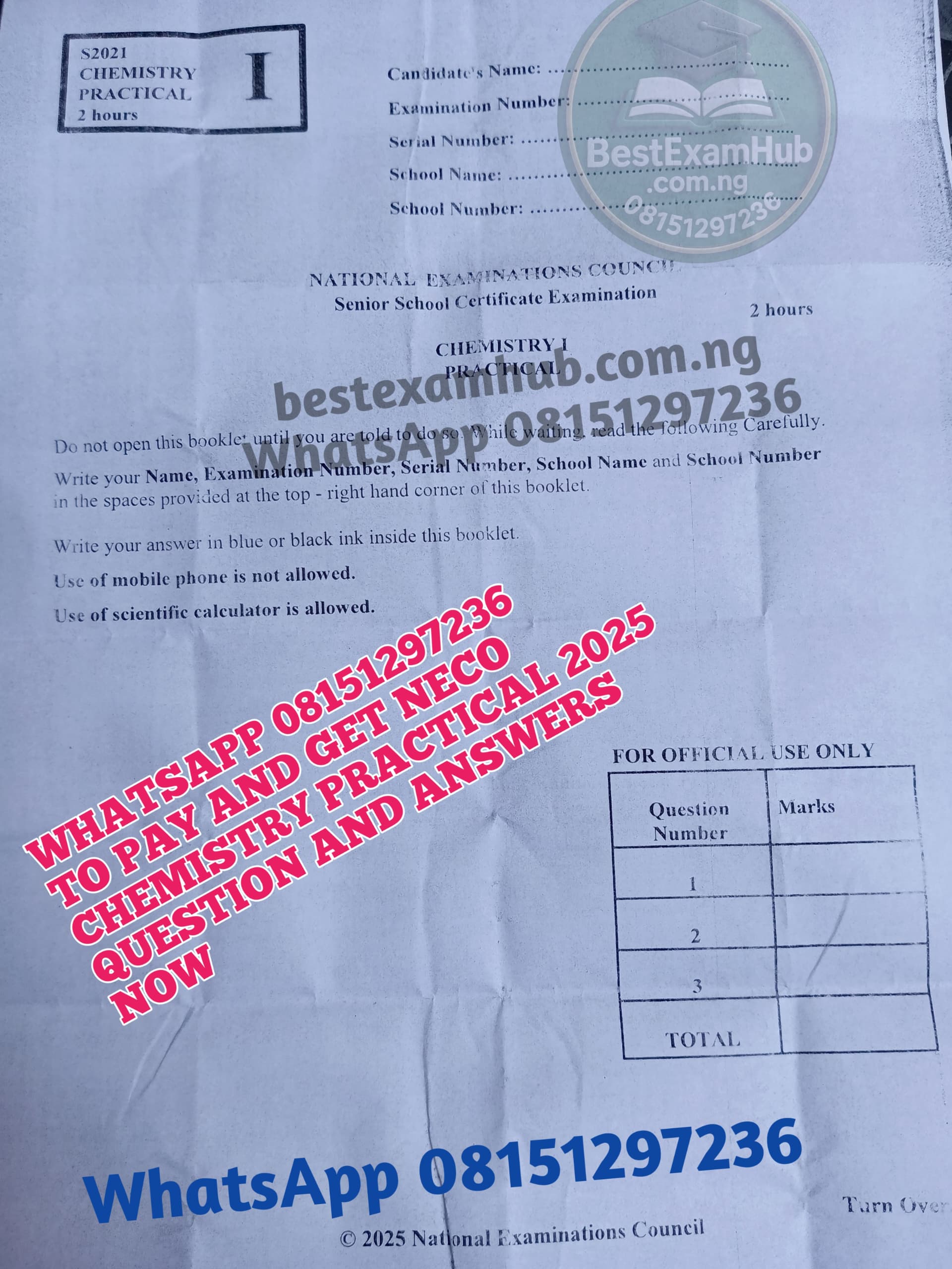NECO Chemistry Practical Questions And Answers 2025
