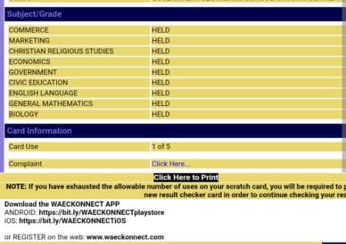 A sample/screenshot of WAEC withheld result