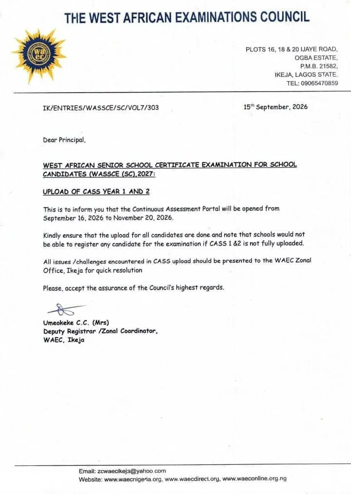 WAEC CASS Year 1 and 2 Upload 2027: Portal Opens September 16